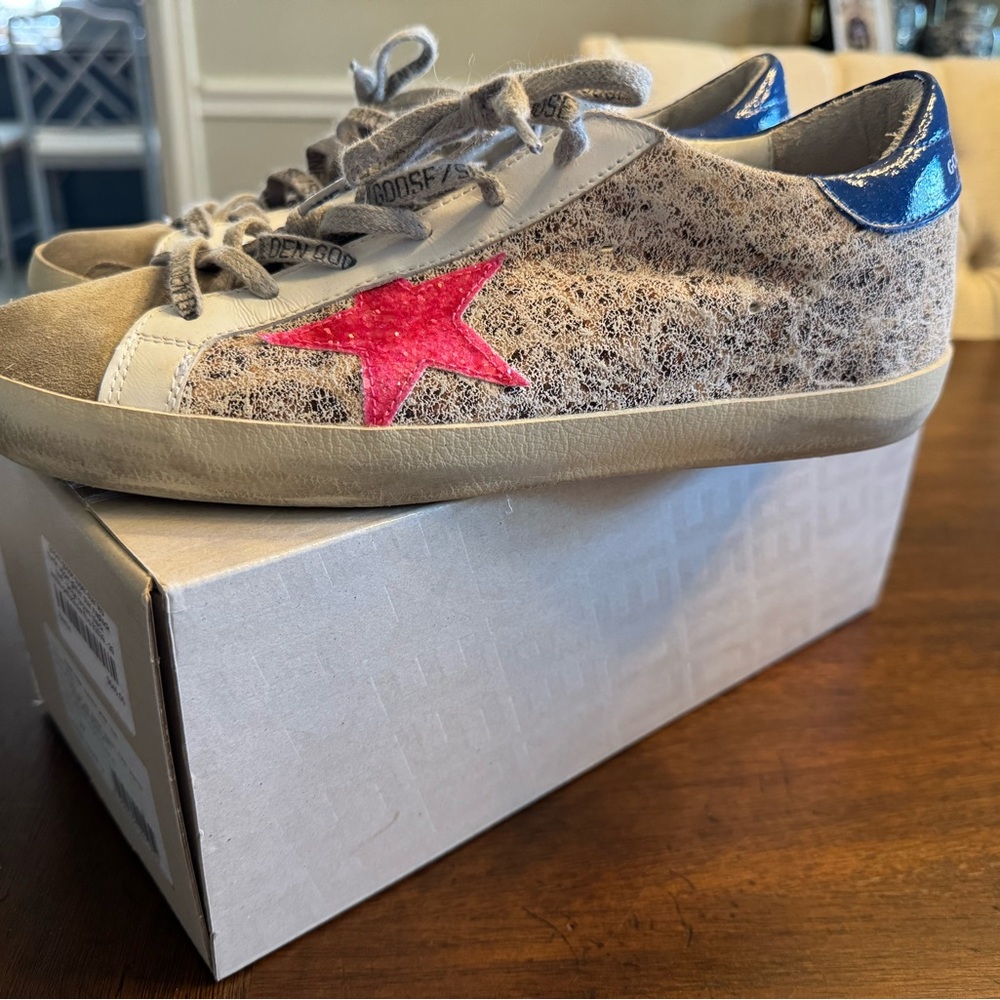 Golden Goose Blue and Beige Sneakers